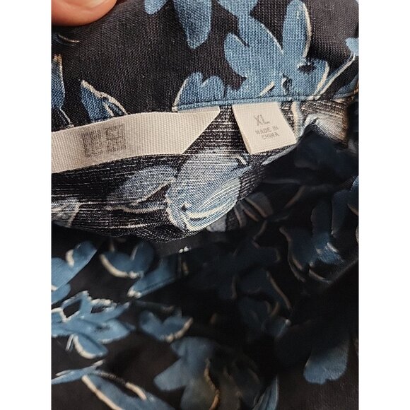 UNIQLO Shirt Women's XL Black Blue Floral Linen Blend Short-Sleeve Button Up - Picture 2 of 6